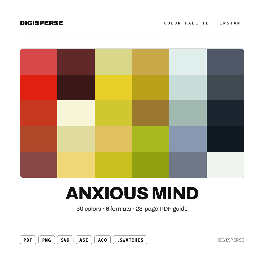 Muted Grey Color Palette for Mental Health Art and Introspective Journal Branding, 30 Anxious Mind Hues, Procreate Swatches, Hex Codes — every swatch at a glance (classic hero)
