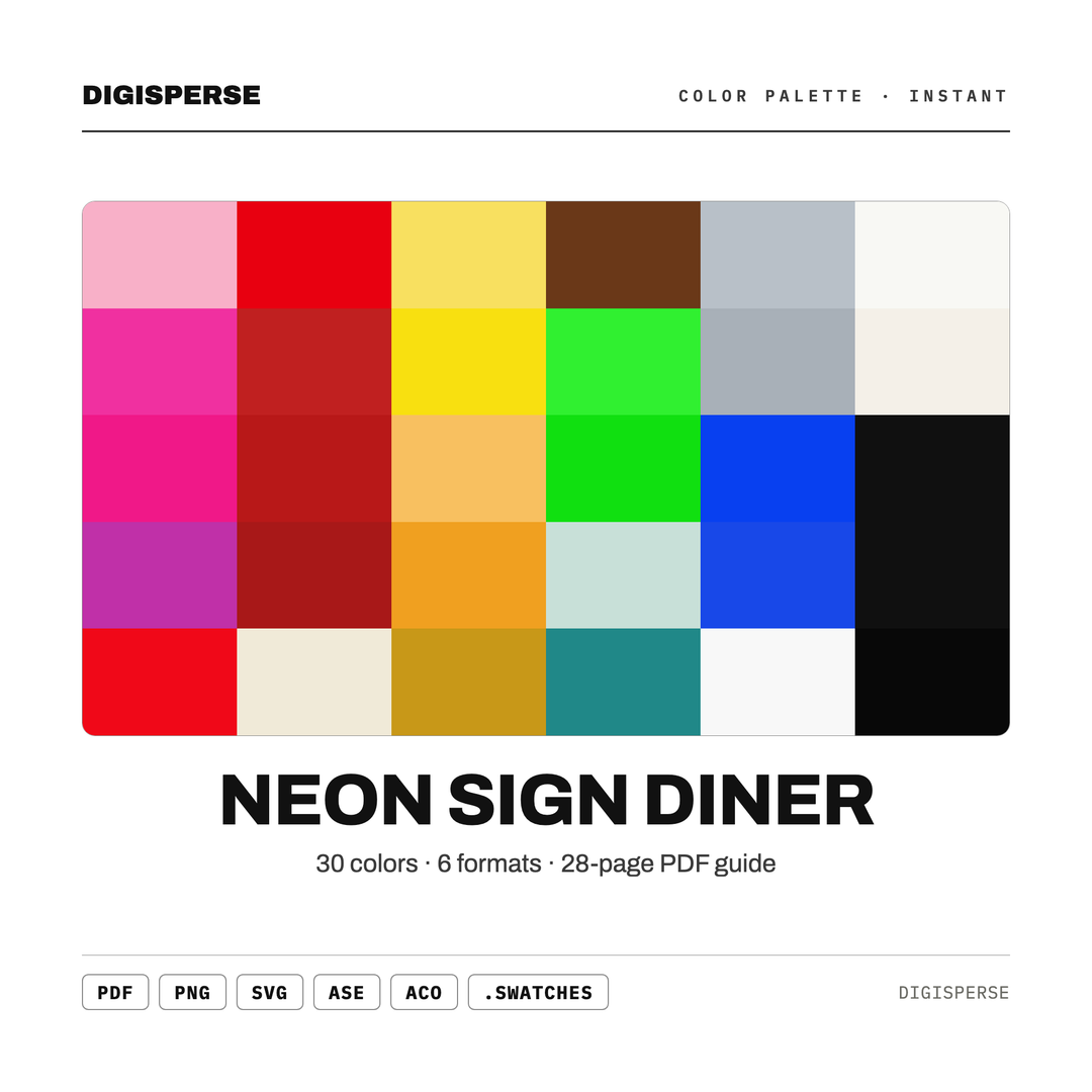 Neon Sign Diner Color Palette | 30 Colors | Hex RGB CMYK | Procreate Swatches + ASE | Digital Download — every swatch at a glance (classic hero)
