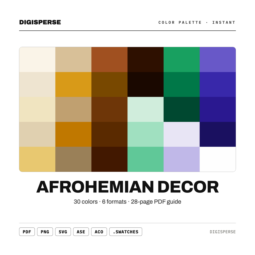 Rich Earthy Color Palette for Boho African Art and Eclectic Home Branding, 30 Afrohemian Hues, Procreate Swatches — every swatch at a glance (classic hero)