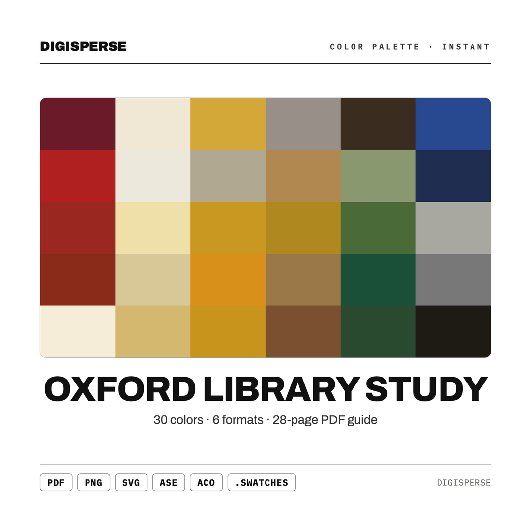 Oxford Library Study Color Palette | 30 Colors | Hex RGB CMYK | Procreate Swatches + ASE | Digital Download — every swatch at a glance (classic hero)