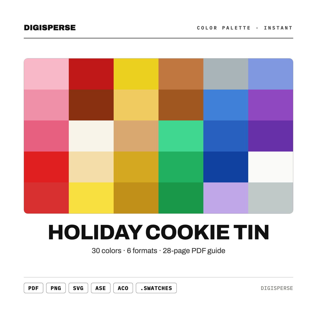 Cozy Christmas Color Palette for Festive Baking Art and Kitchen Branding, 30 Cookie Tin Hues, Procreate Swatches — every swatch at a glance (classic hero)