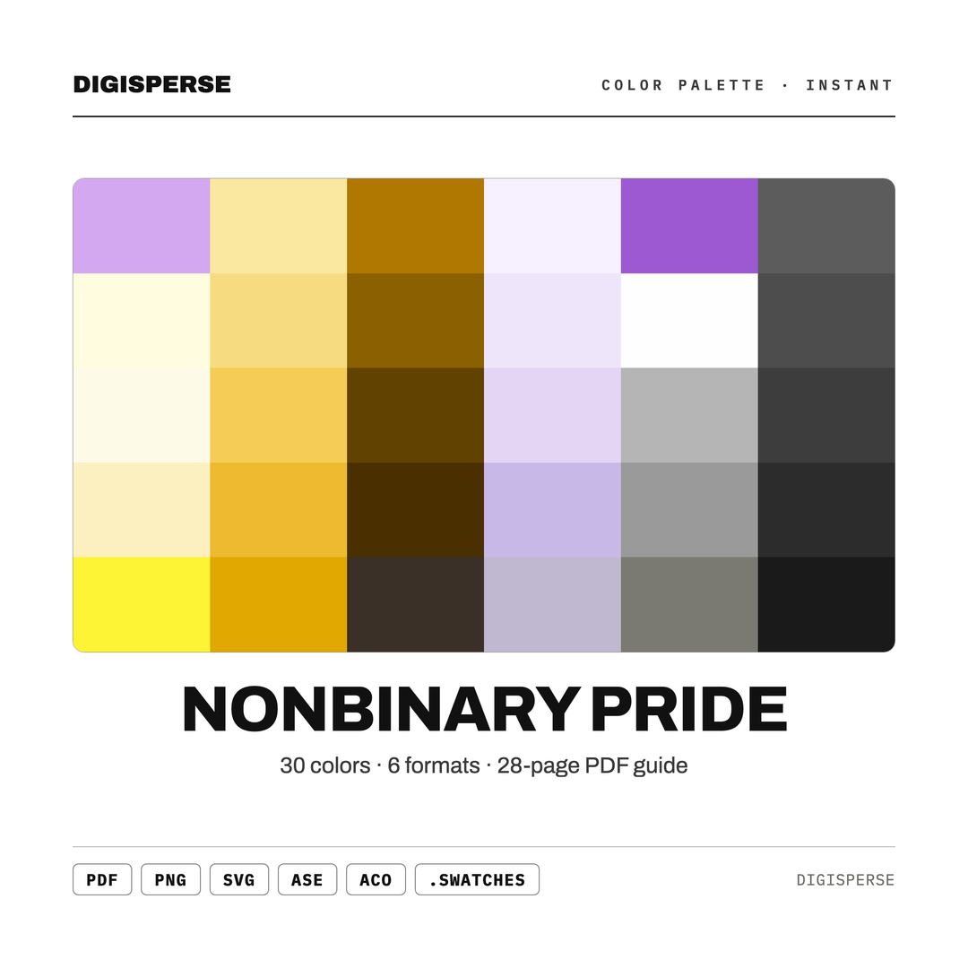 Bold Pride Color Palette for Nonbinary Flag Art and LGBTQ Branding, 30 Yellow Purple Hues, Procreate Swatches — every swatch at a glance (classic hero)