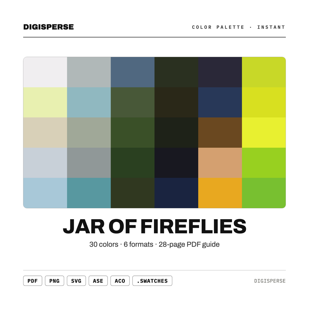 Jar of Fireflies Color Palette | 30 Procreate Swatches, HEX, RGB, CMYK (Digital Download) — every swatch at a glance (classic hero)