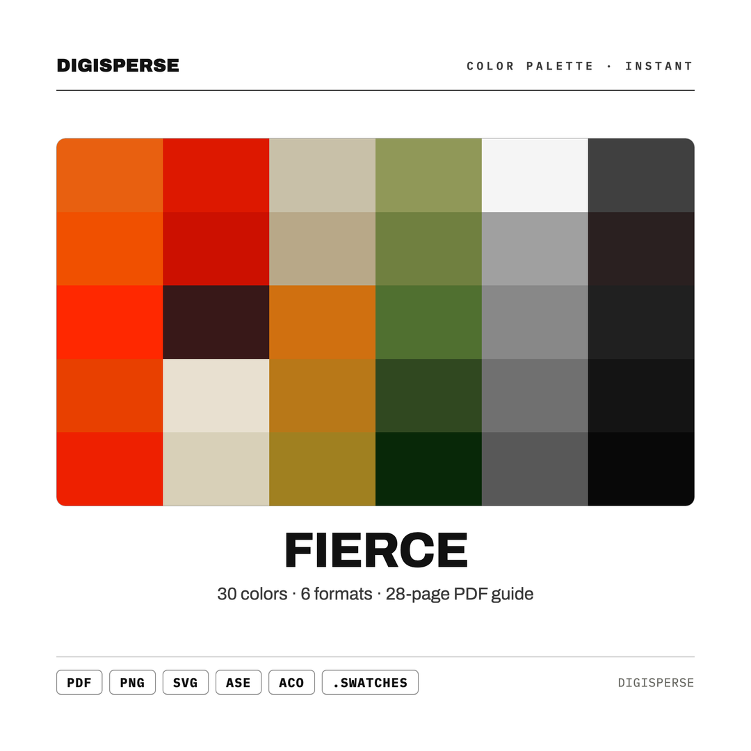 Bold Fiery Color Palette for Empowered Portrait Art and Confident Branding, 30 Fierce Passionate Hues, Procreate Swatches, Hex Codes — every swatch at a glance (classic hero)