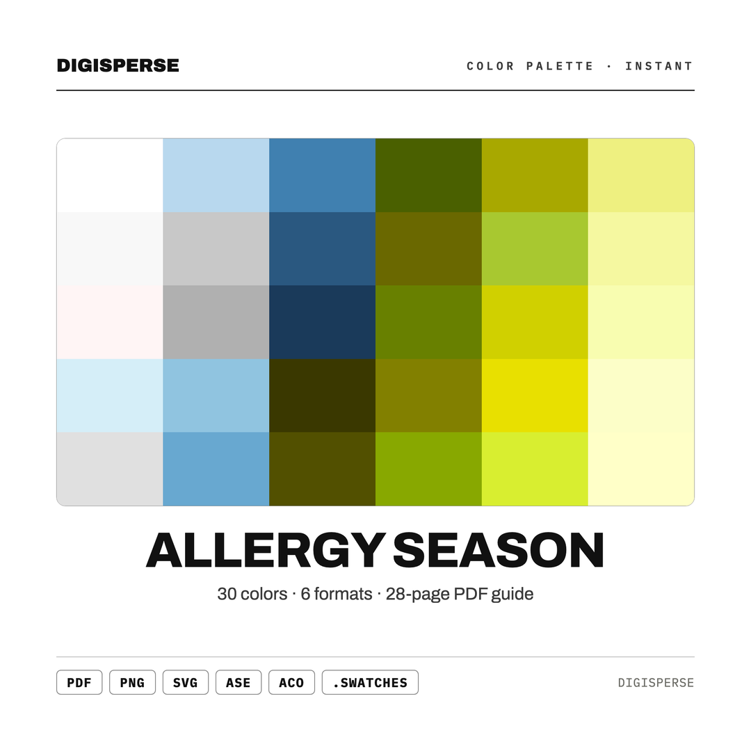 Soft Spring Color Palette for Pollen Bloom Art and Fresh Nature Branding, 30 Hay Fever Hues, Procreate Swatches — every swatch at a glance (classic hero)