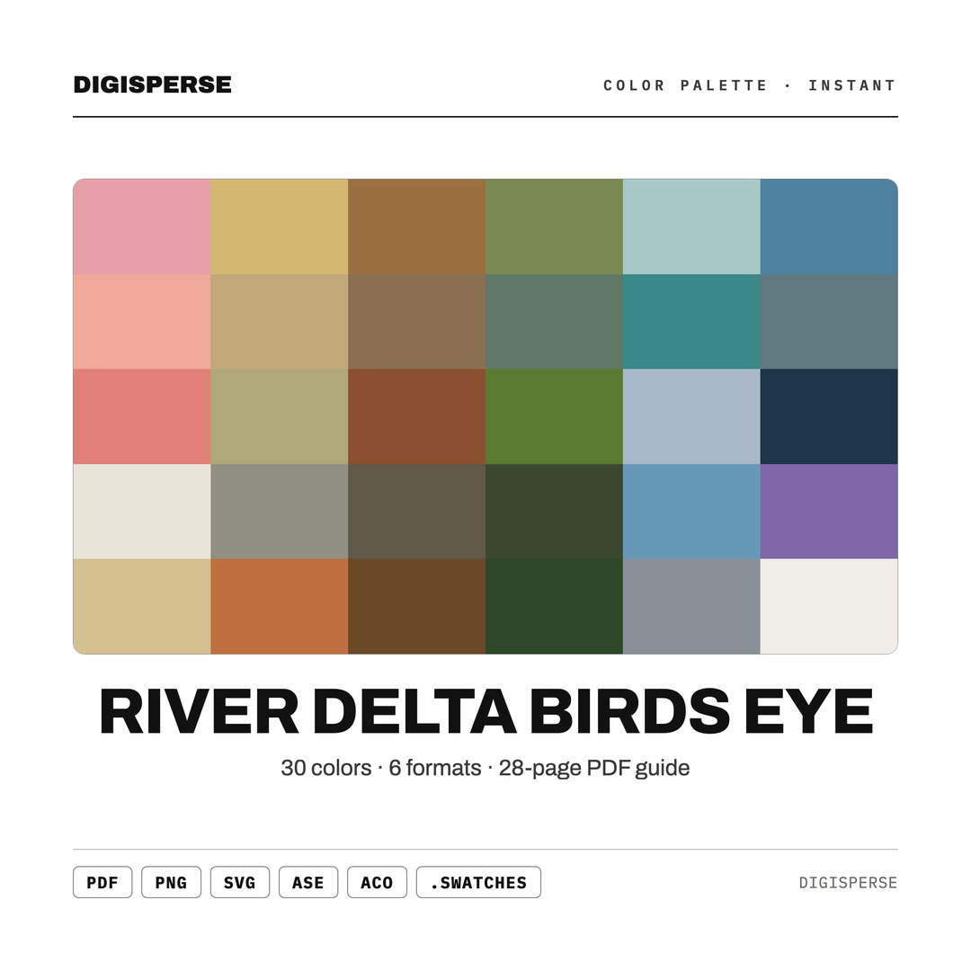 River Delta Birds Eye Color Palette | 30 Colors | Hex RGB CMYK | Procreate Swatches + ASE | Digital Download — every swatch at a glance (classic hero)