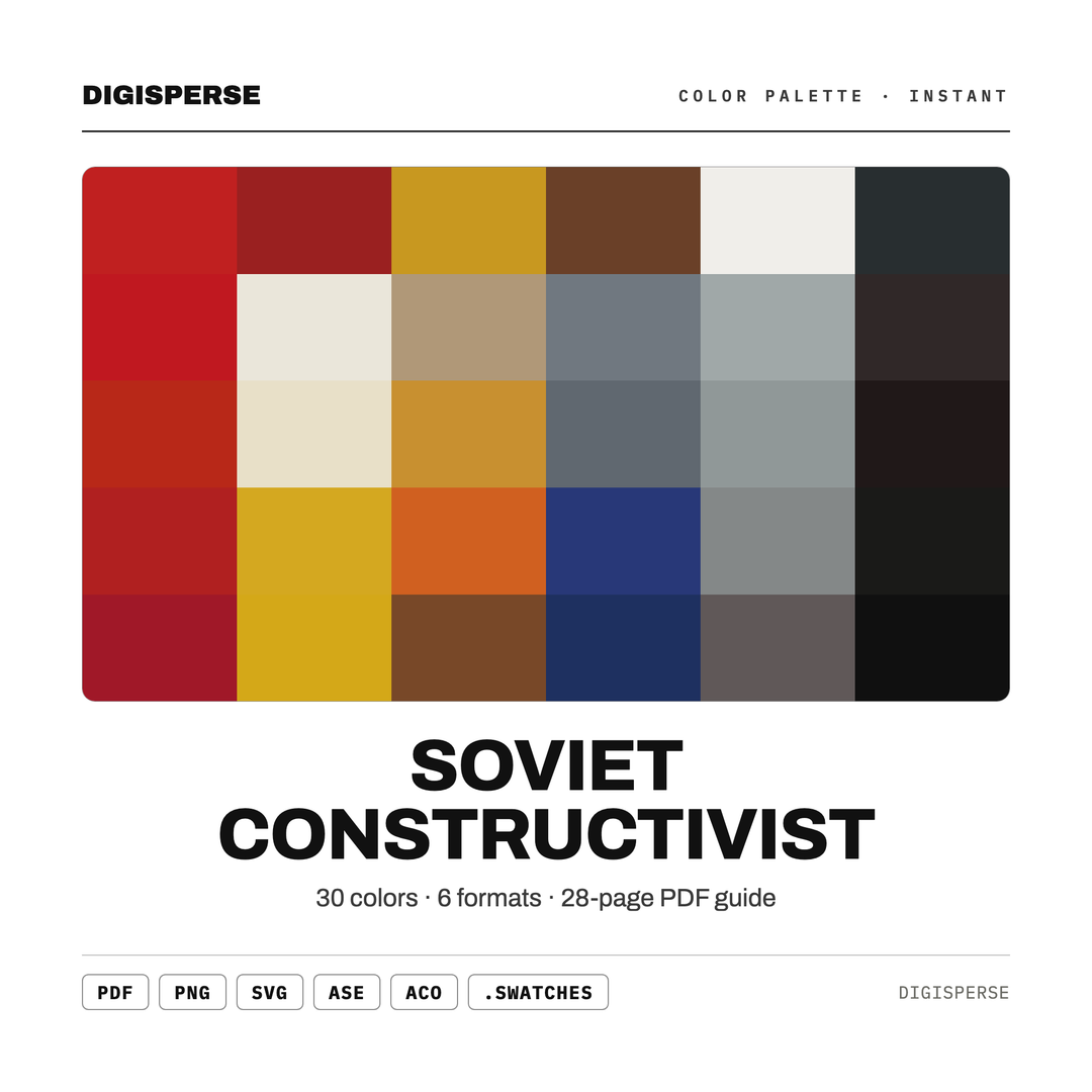 Soviet Constructivist Color Palette | 30 Colors | Hex RGB CMYK | Procreate Swatches + ASE | Digital Download — every swatch at a glance (classic hero)