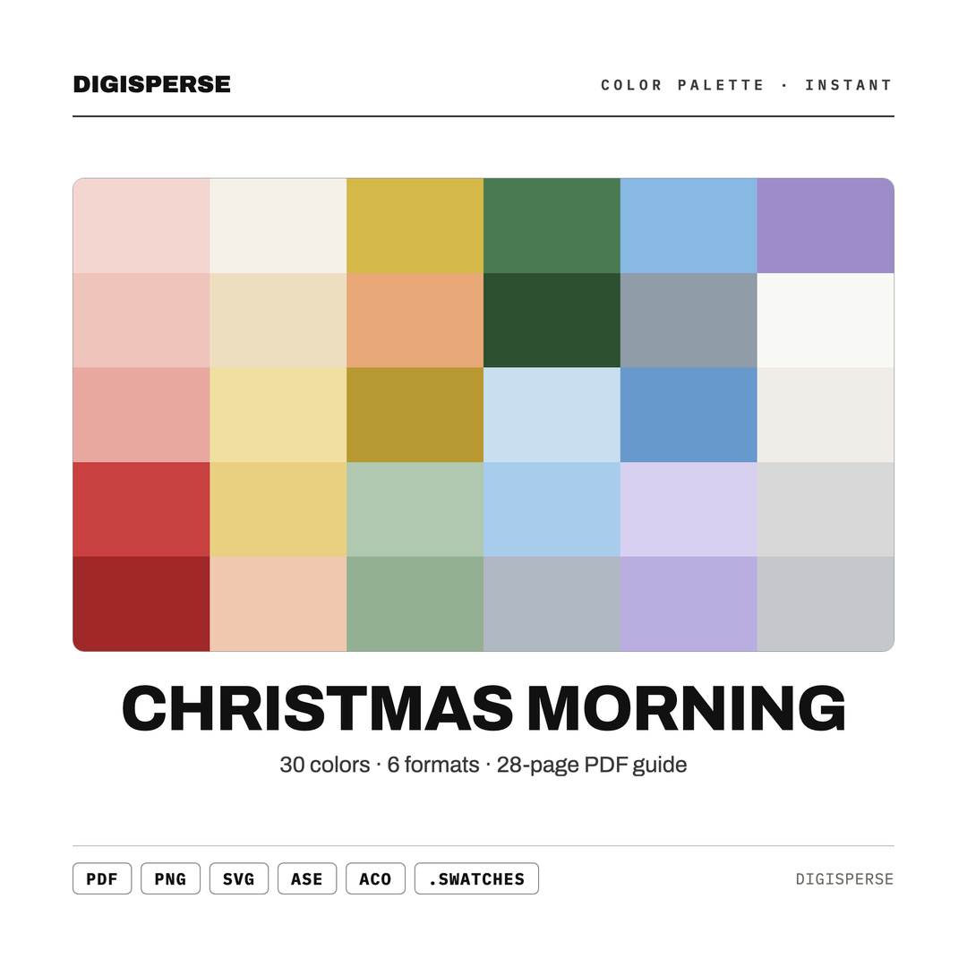 Cozy Christmas Morning Color Palette for Holiday Card Art and Festive Home Branding, 30 Warm Red Green Hues, Procreate Swatches — every swatch at a glance (classic hero)