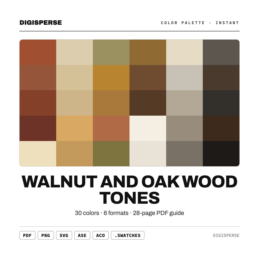 Interior Color Palette | 30 Walnut Oak Wood Tones | Procreate Swatches Hex RGB CMYK — every swatch at a glance (classic hero)