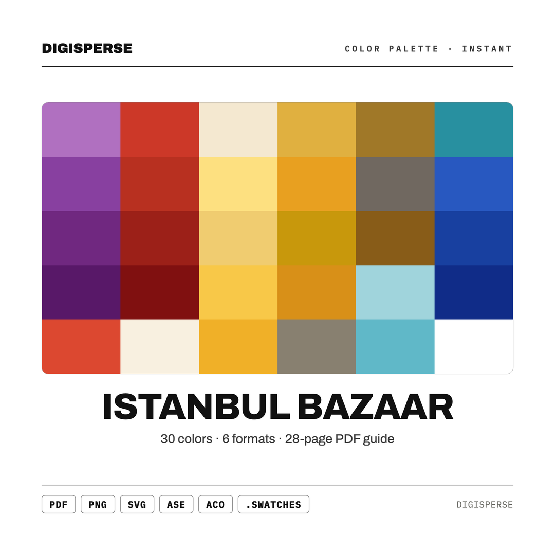 Istanbul Bazaar Color Palette | 30 Procreate Swatches, HEX, RGB, CMYK (Digital Download) — every swatch at a glance (classic hero)