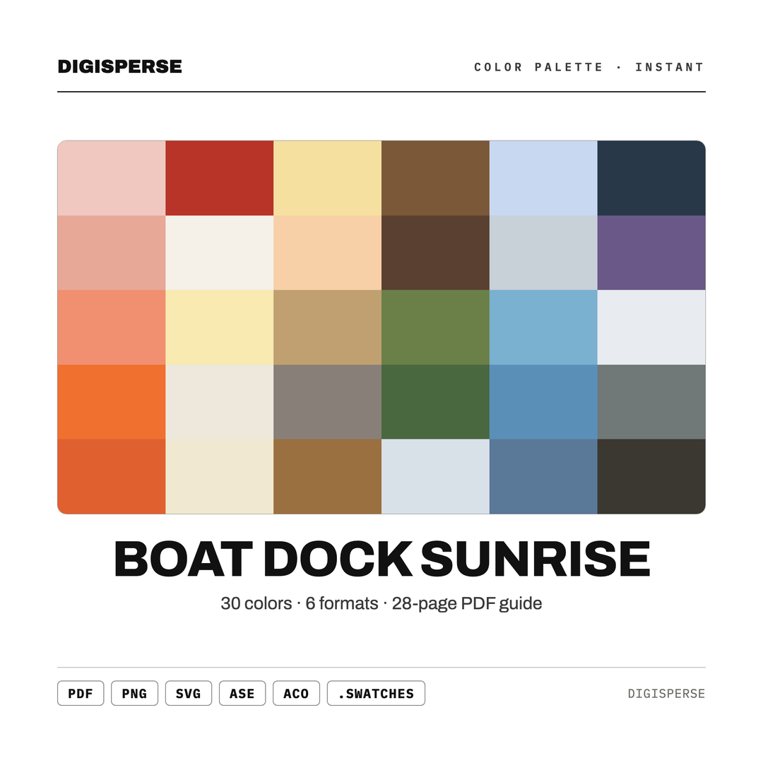 Boat Dock Sunrise Color Palette | 30 Procreate Swatches, ASE (Digital Download) — every swatch at a glance (classic hero)