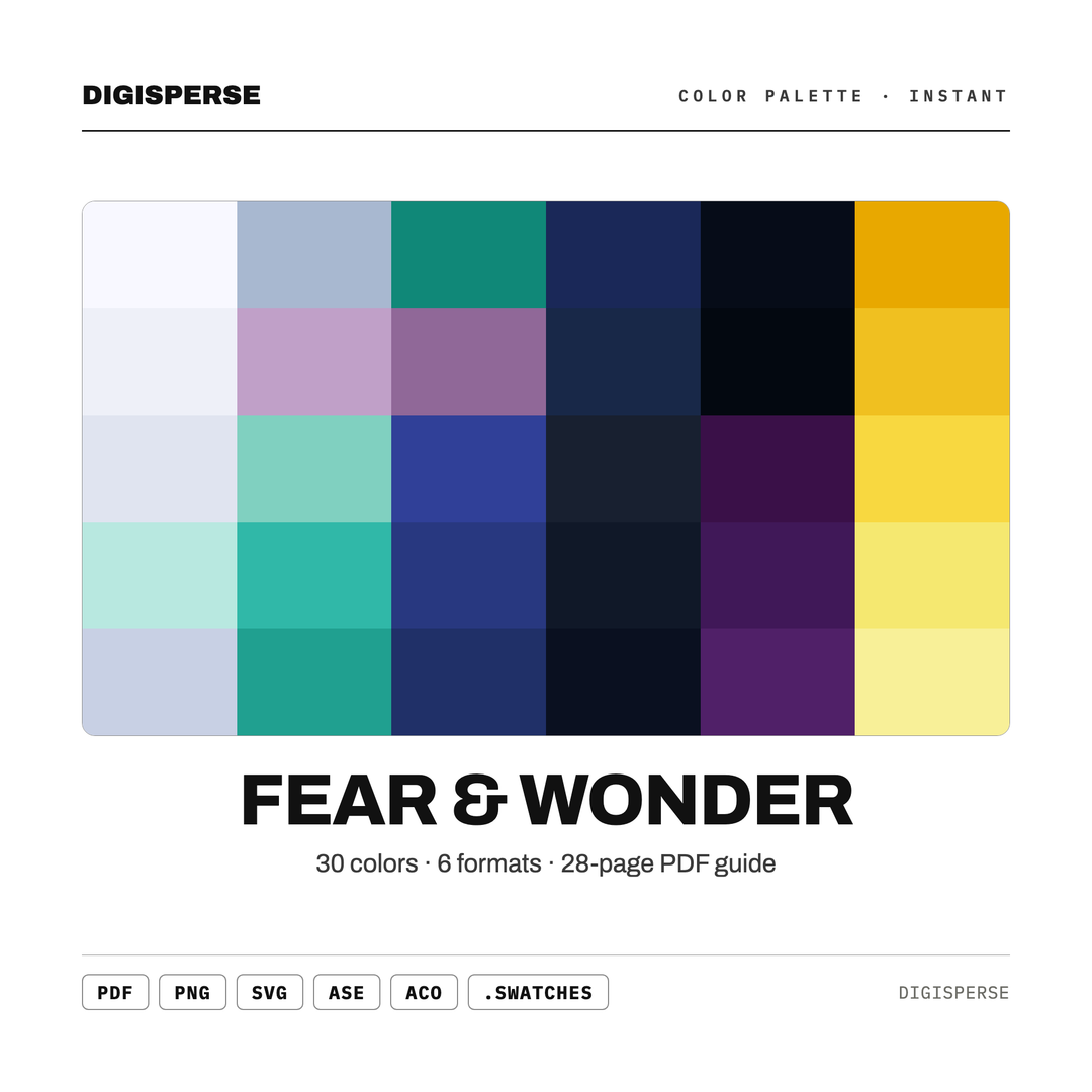 Moody Cinematic Color Palette for Fantasy Film Art and Dramatic Branding, 30 Awe Struck Hues, Procreate Swatches — every swatch at a glance (classic hero)