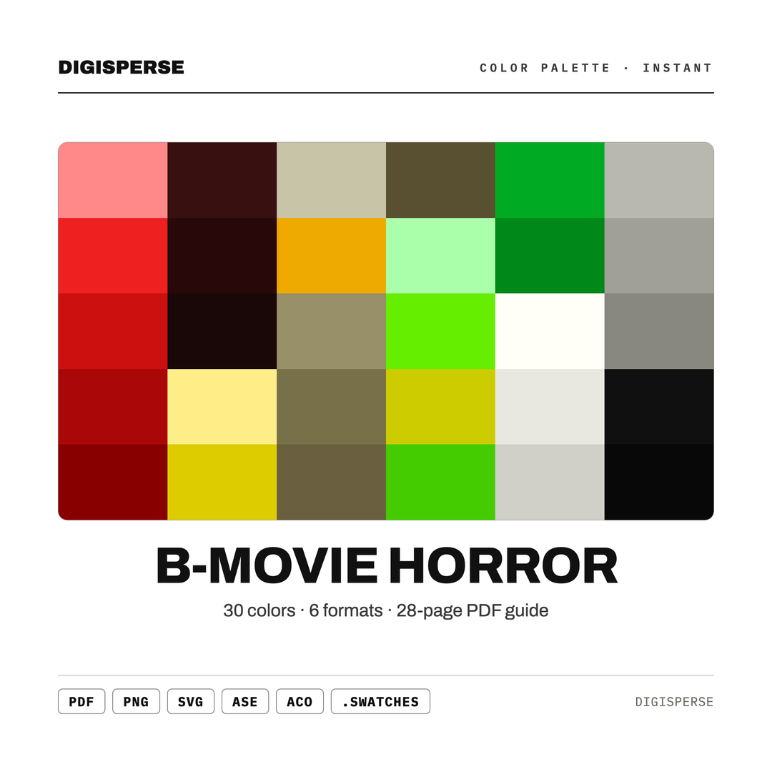 Lurid Pulp Color Palette for Retro Horror Poster Art and Cult Film Branding, 30 B Movie Hues, Procreate Swatches, Hex Codes — every swatch at a glance (classic hero)