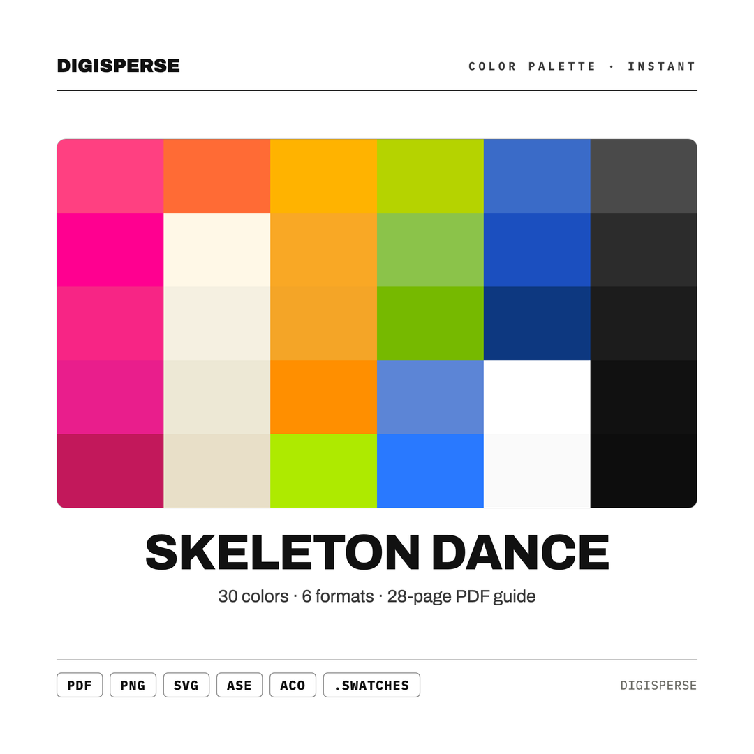 Playful Spooky Color Palette for Halloween Kids Art and Festive Branding, 30 Skeleton Bone Hues, Procreate Swatches — every swatch at a glance (classic hero)