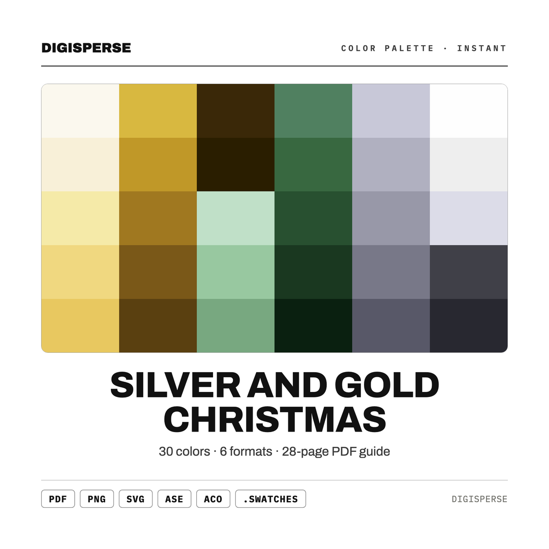 Silver Gold Christmas Color Palette | 30 Procreate Swatches, ASE (Digital Download) — every swatch at a glance (classic hero)