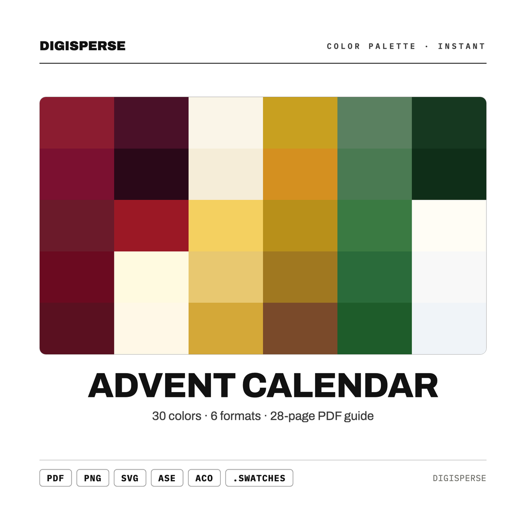 Advent Calendar Color Palette | 30 Colors | Hex RGB CMYK | Procreate Swatches + ASE | Digital Download — every swatch at a glance (classic hero)