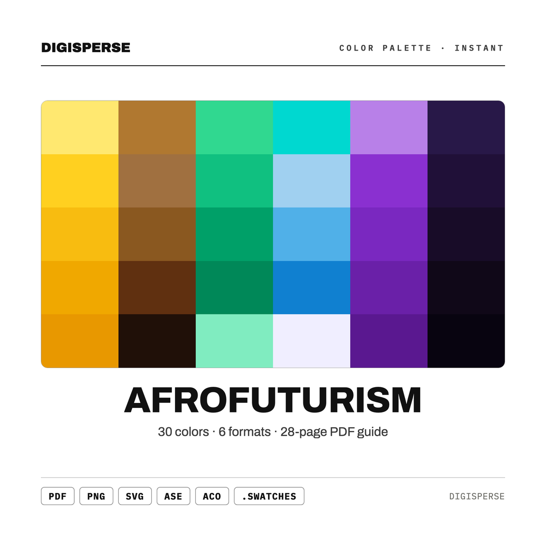 Vibrant Afrofuturism Color Palette for Sci Fi Art and Bold Cultural Branding, 30 Cosmic Heritage Hues, Procreate Swatches, Hex Codes — every swatch at a glance (classic hero)