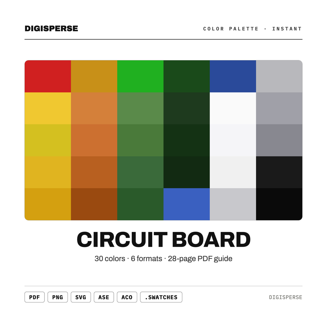 Circuit Board Color Palette | 30 Colors | Hex RGB CMYK | Color Guide | Procreate Swatches + ASE | Digital Download — every swatch at a glance (classic hero)