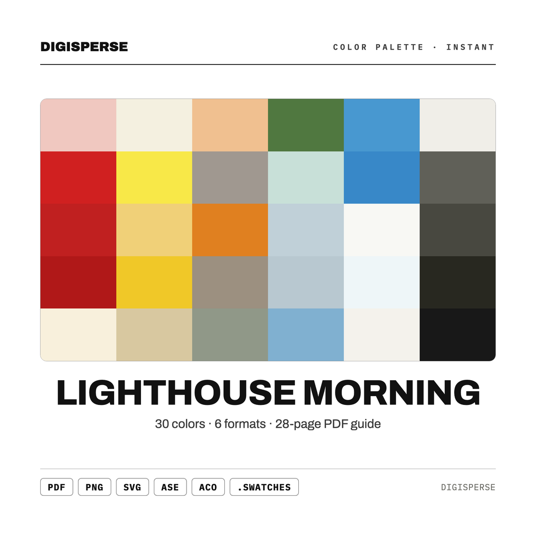 Lighthouse Morning Color Palette | 30 Colors | Hex RGB CMYK | Procreate Swatches + ASE | Digital Download — every swatch at a glance (classic hero)