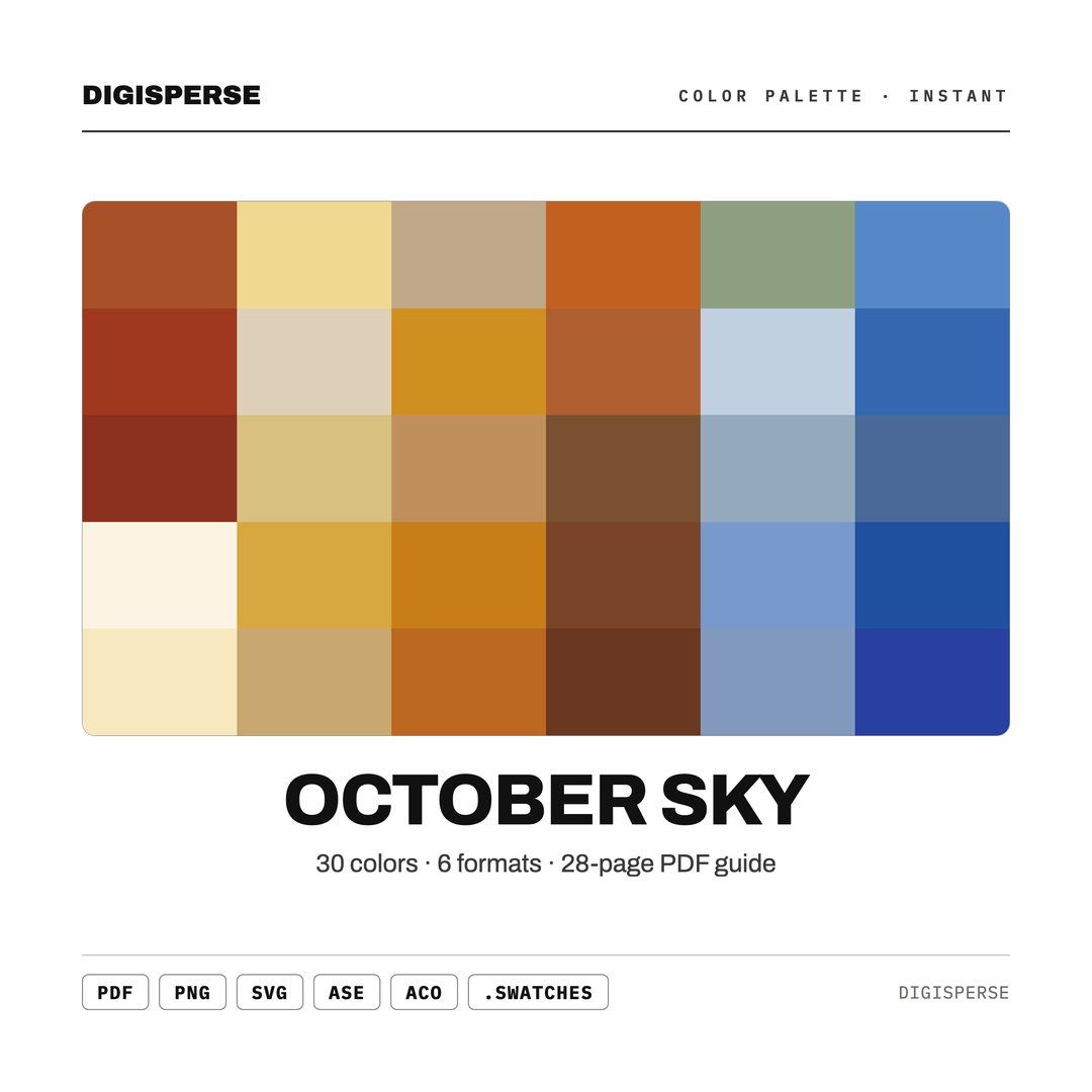 Fall Color Palette | 30 October Sky Hues for Procreate, ASE and Hex — every swatch at a glance (classic hero)