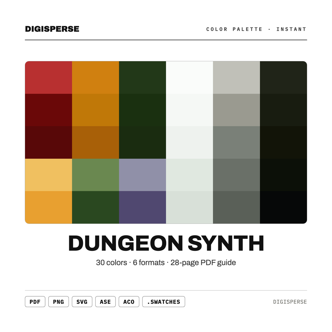Dark Medieval Color Palette for Fantasy Album Art and Moody Game Design, 30 Dungeon Synth Hues, Procreate Swatches, Hex Codes — every swatch at a glance (classic hero)