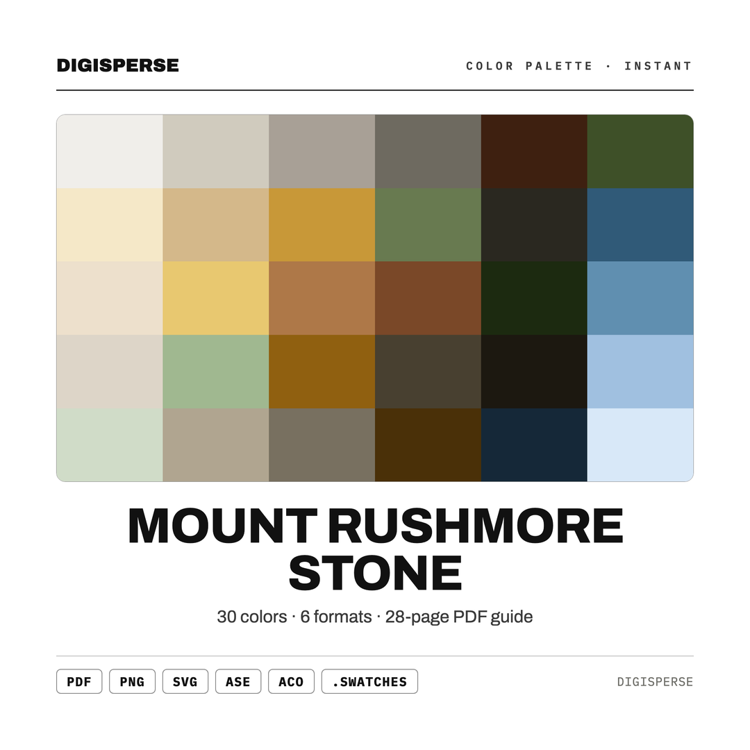 Mount Rushmore Stone Color Palette | 30 Colors | Hex RGB CMYK | Procreate Swatches + ASE | Digital Download — every swatch at a glance (classic hero)