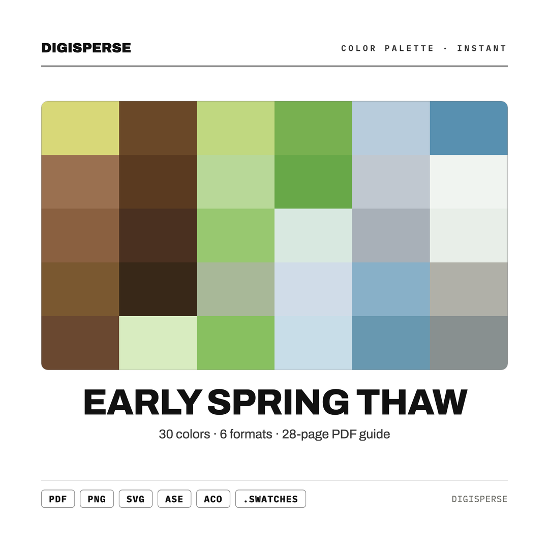 Soft Melt Color Palette for Fresh Spring Art and Seasonal Nature Branding, 30 Early Thaw Pastel Hues, Procreate Swatches, Hex Codes — every swatch at a glance (classic hero)