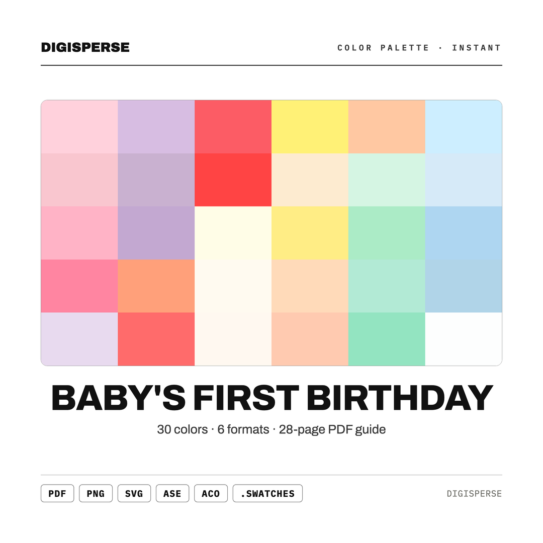 Soft Pastel Color Palette for Cake Smash Party Art and Nursery Branding, 30 Sweet Baby Hues, Procreate Swatches, Hex Codes — every swatch at a glance (classic hero)