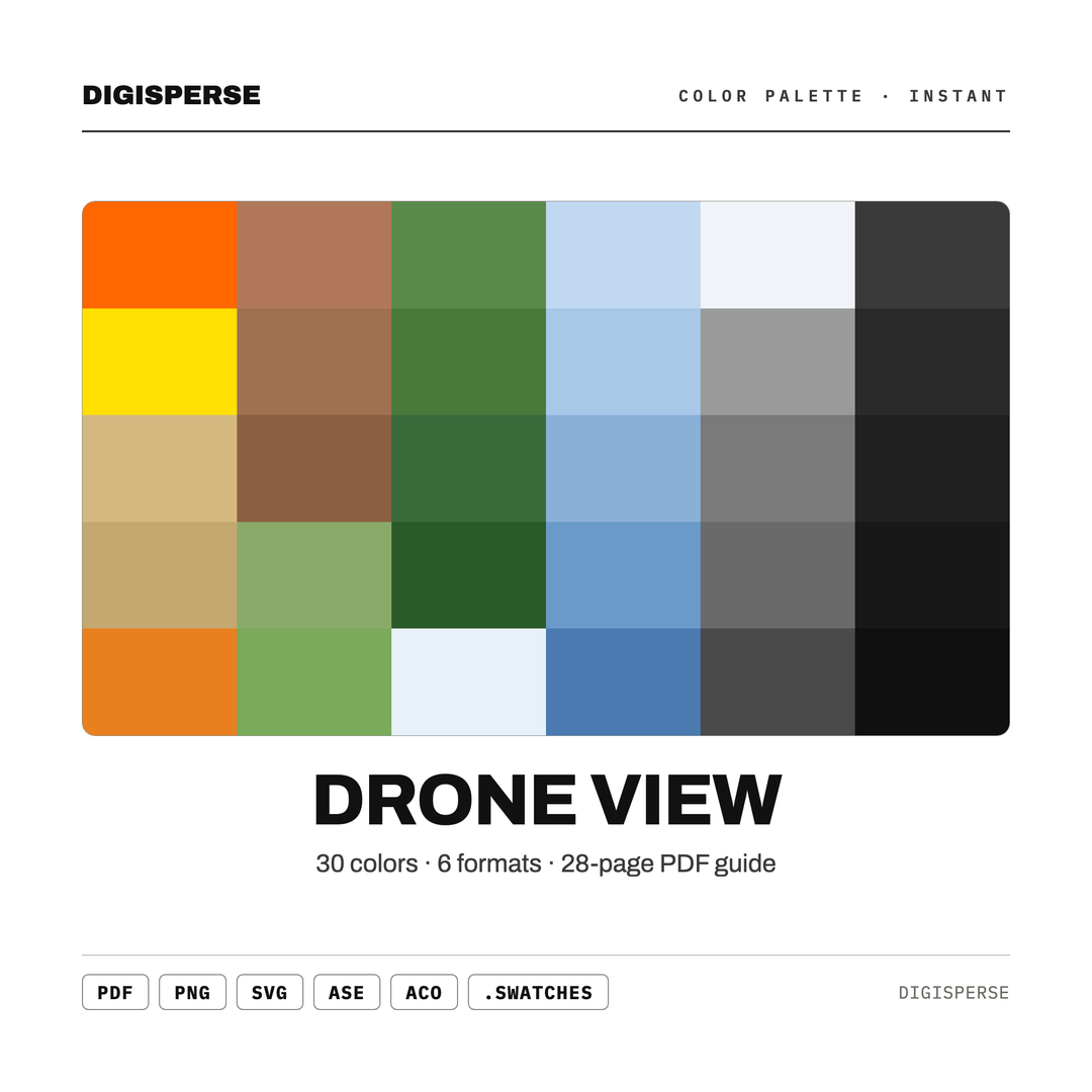 Aerial Earth Color Palette for Landscape Photography Branding and Map Art, 30 Drone View Hues, Procreate Swatches, Hex Codes — every swatch at a glance (classic hero)