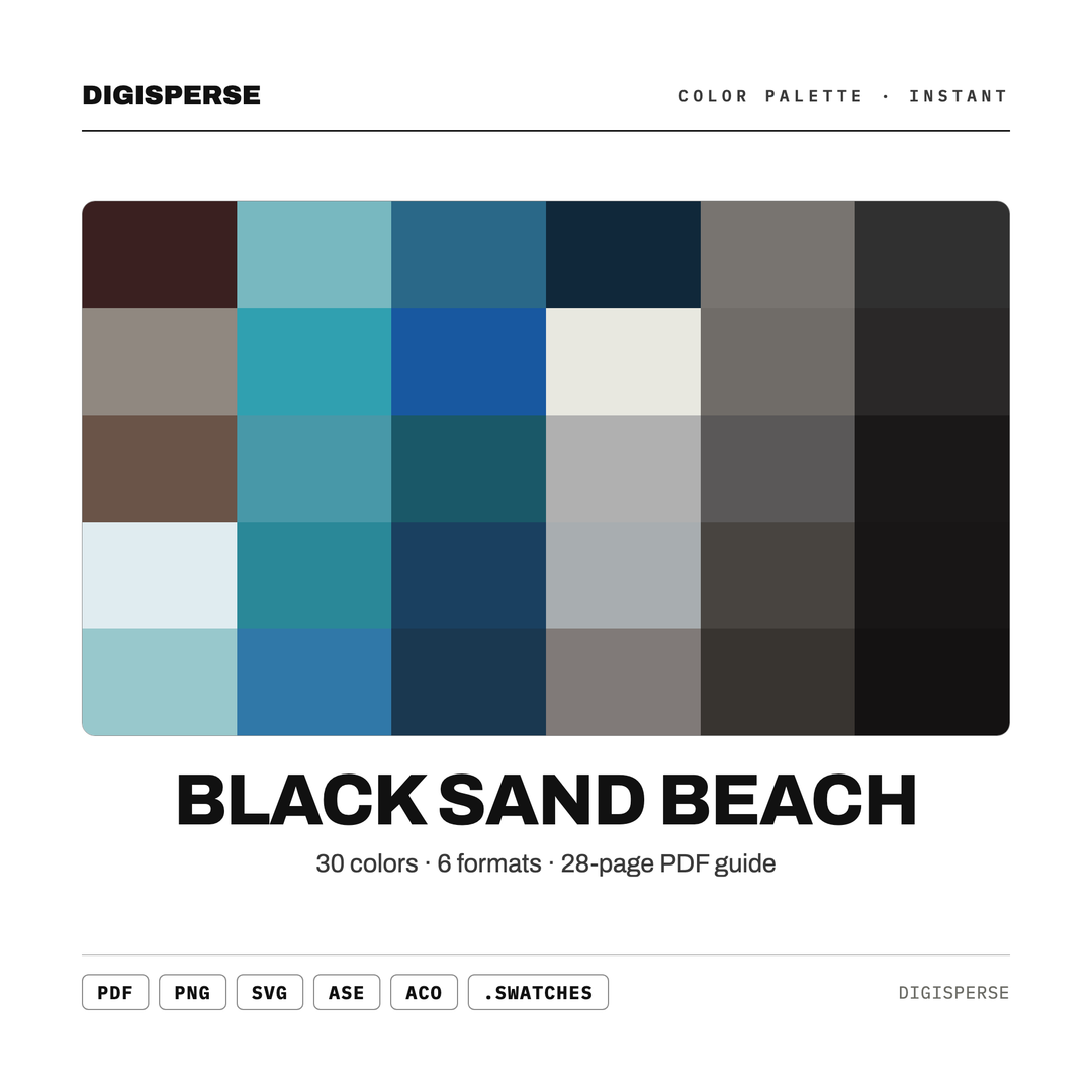 Volcanic Grey Color Palette for Dramatic Coastal Art and Iceland Travel Branding, 30 Black Sand Beach Hues, Procreate Swatches, Hex Codes — every swatch at a glance (classic hero)