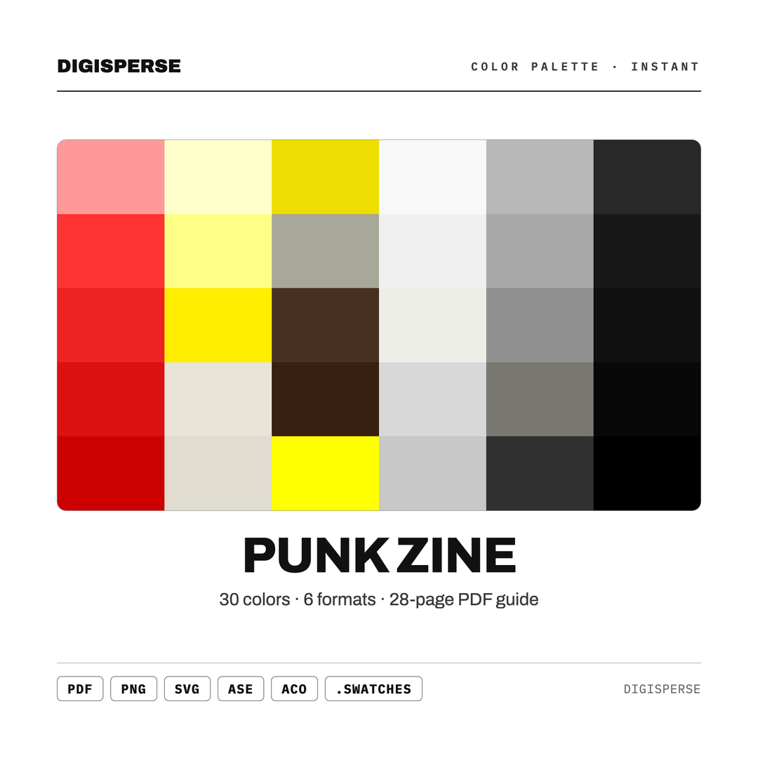 Punk Zine Color Palette | 30 DIY Colors, Procreate, ASE (Digital Download) — every swatch at a glance (classic hero)