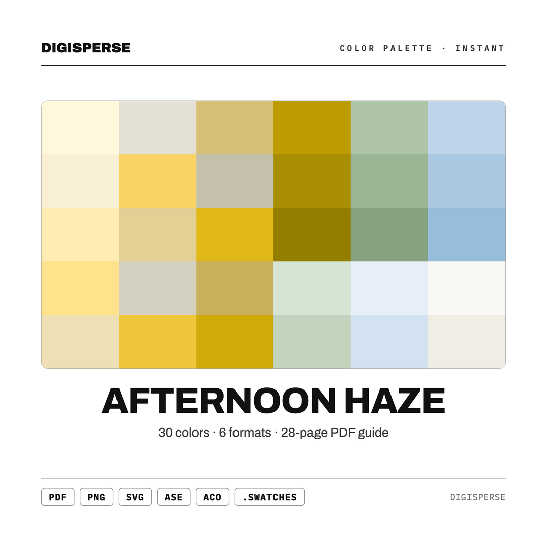Golden Hour Color Palette for Dreamy Photography Branding and Warm Wall Art, 30 Afternoon Haze Hues, Procreate Swatches, Hex Codes — every swatch at a glance (classic hero)