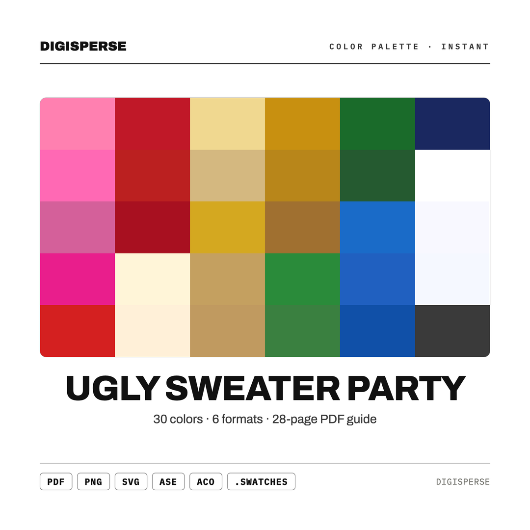 Ugly Sweater Party Color Palette | 30 Festive Hex, RGB, CMYK Swatches (Digital Download) — every swatch at a glance (classic hero)