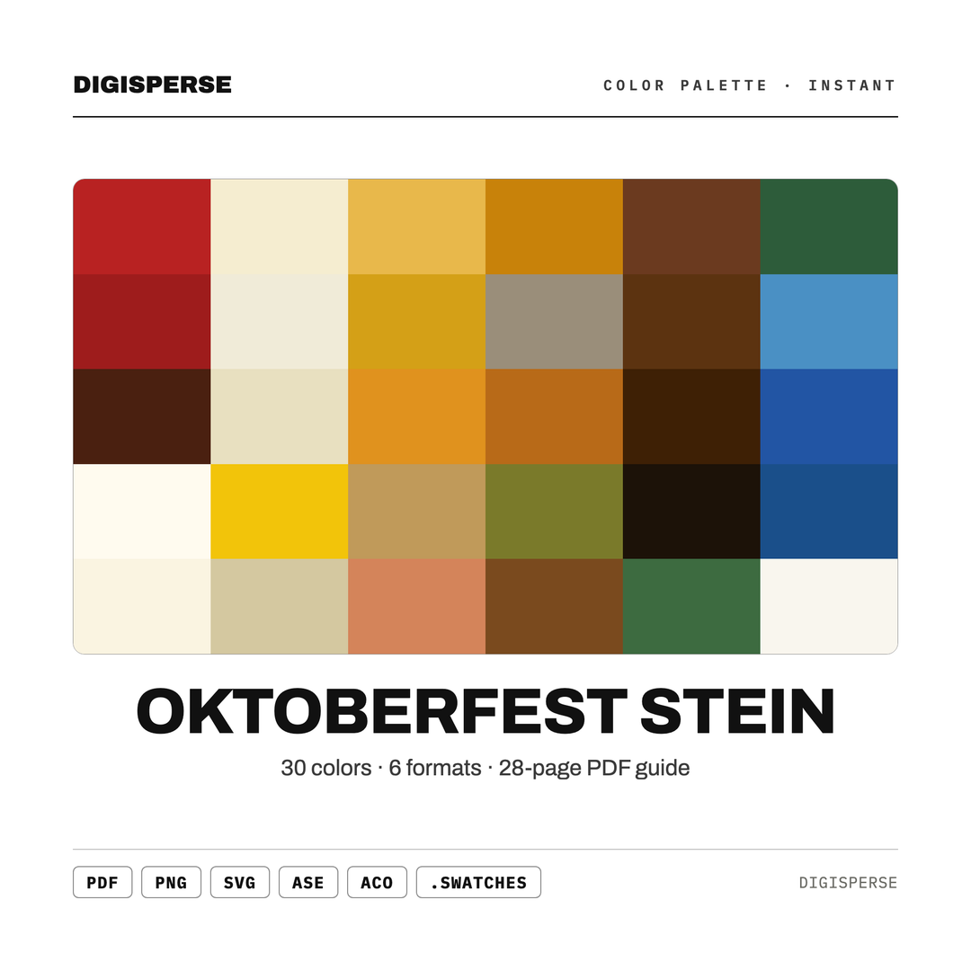 Warm Bavarian Color Palette for German Beer Fest Art and Autumn Branding, 30 Oktoberfest Amber Hues, Procreate Swatches, Hex Codes — every swatch at a glance (classic hero)