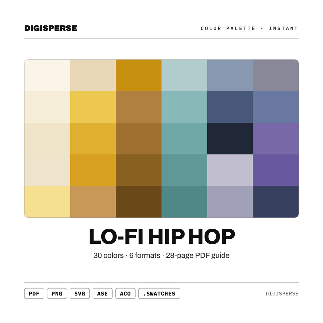Lo-Fi Hip Hop Color Palette | 30 Colors, Hex, RGB, CMYK (Digital Download) — every swatch at a glance (classic hero)