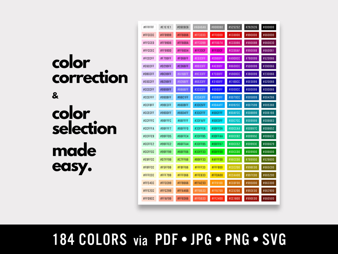 HEX Code Color Chart - Printable Designer Quick Reference Cheat Sheet for Color Correction