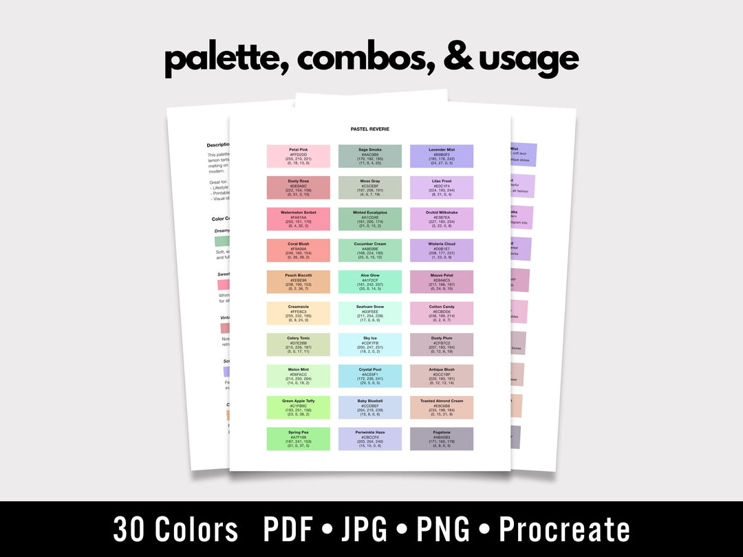 Pastel Procreate & PDF Color Palette – 30 Colors | Printable Chart + Swatches File | Hex, RGB, CMYK