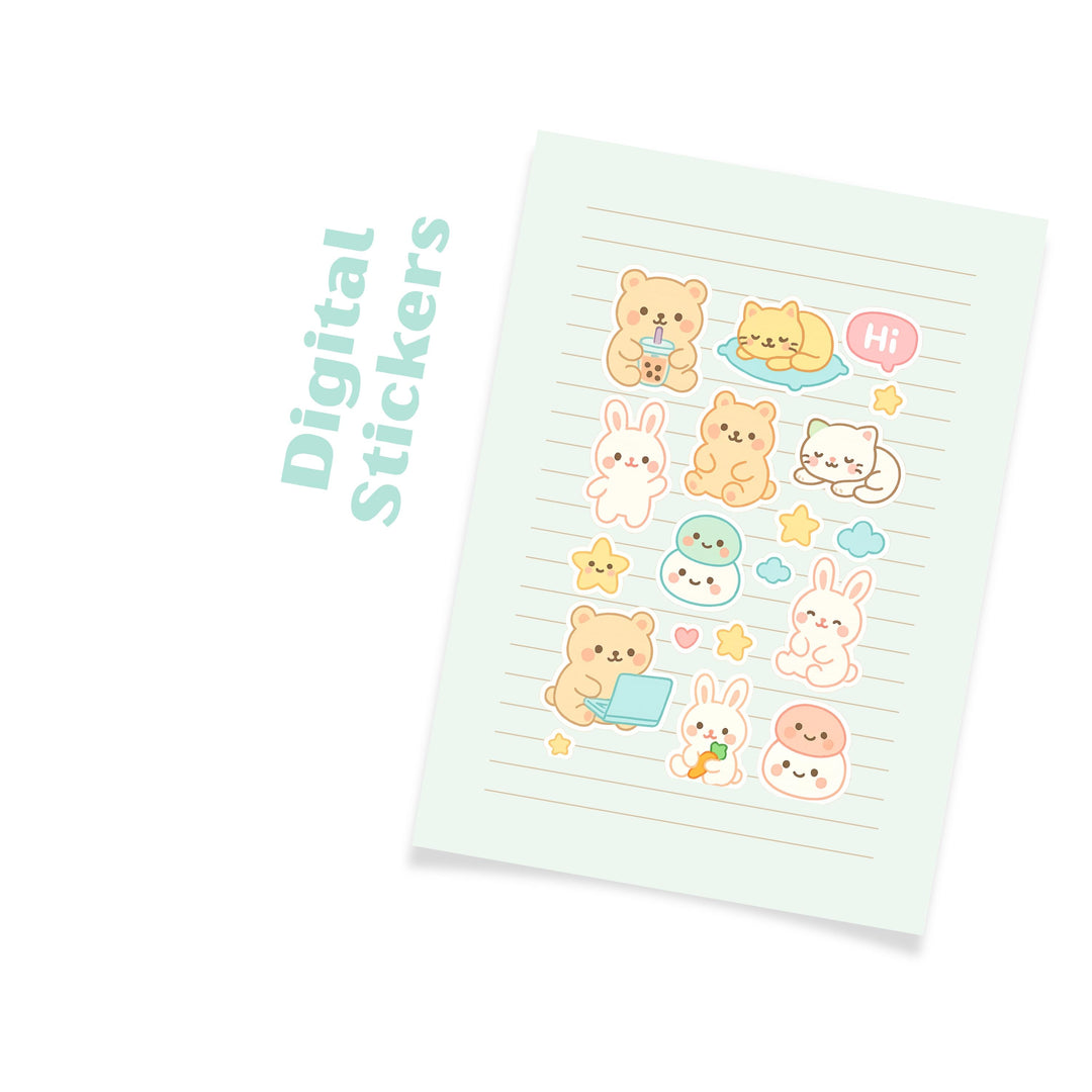 Mochi Creatures Digital Sticker Pack • Kawaii Animal GoodNotes Stickers • Cute Bear, Bunny & Cat Pastel Planner Stickers