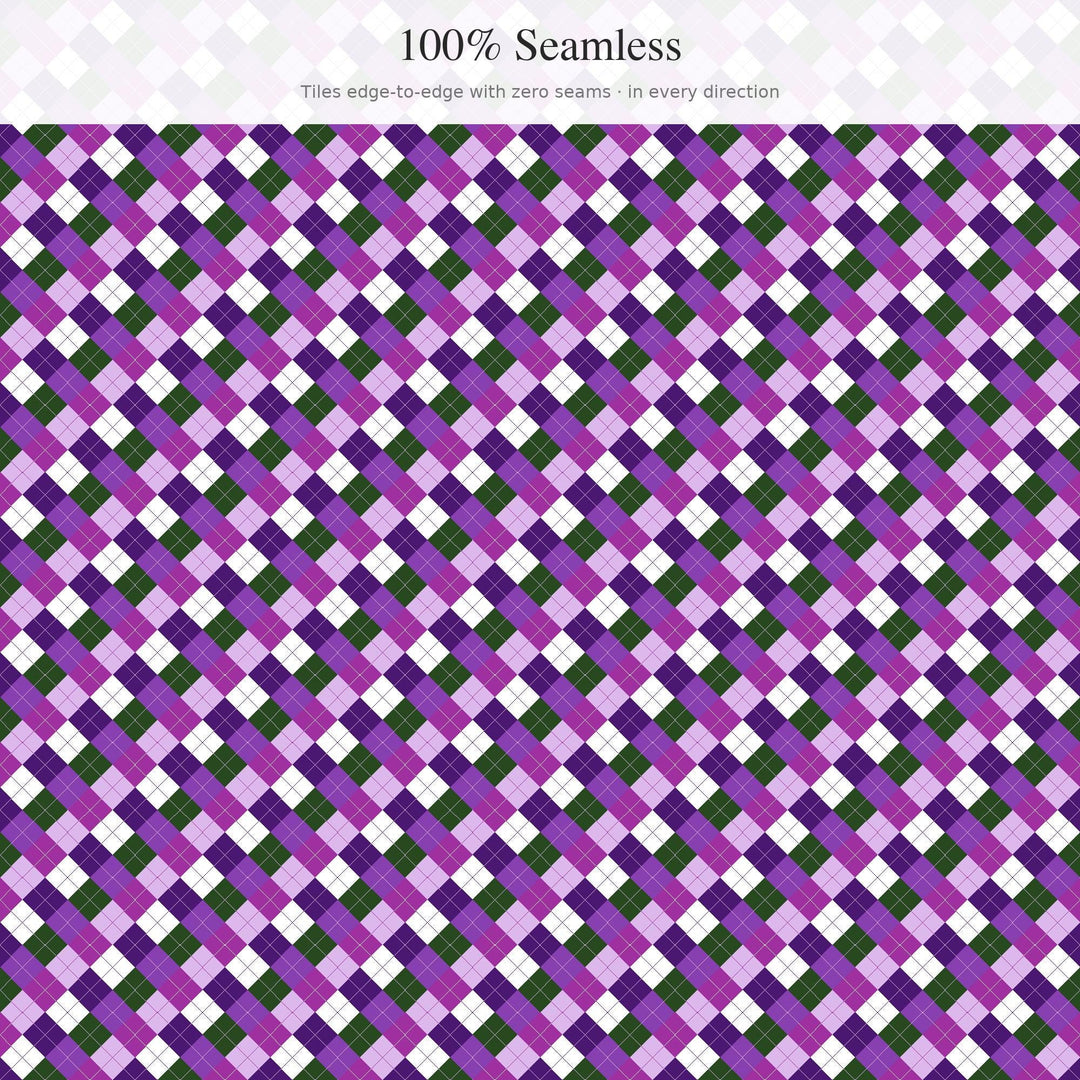 African Violet Argyle Digital Paper for Floral Craft Projects, Seamless Purple Diamond Lattice for Fabric and Scrapbooking