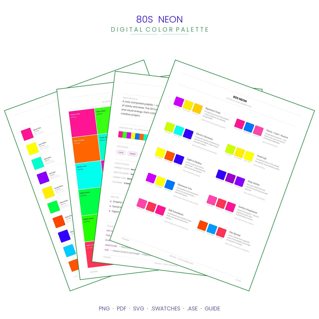 80s Neon Color Palette | 30 Colors | Hex RGB CMYK | Color Guide | Procreate Swatches + ASE | Digital Download
