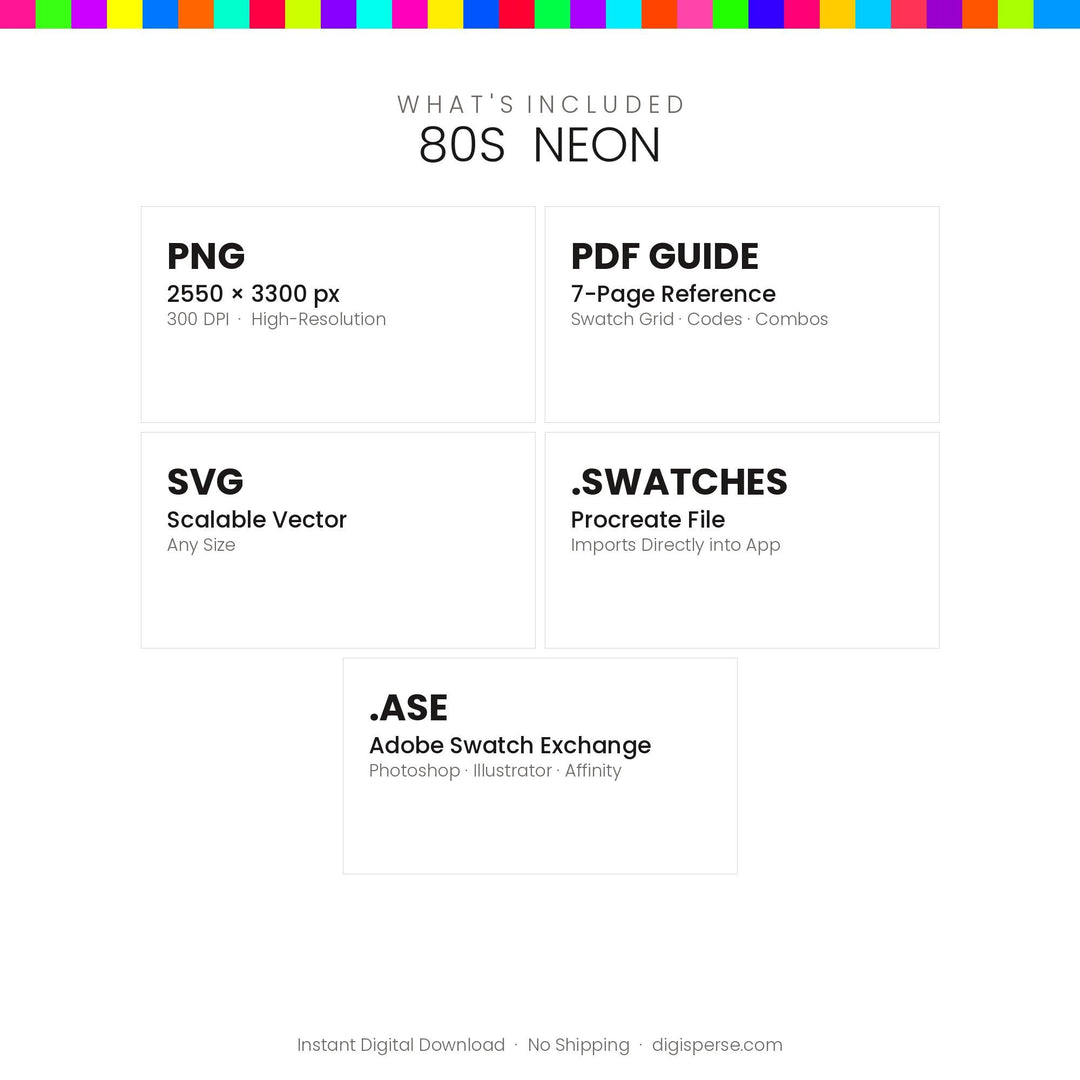 80s Neon Color Palette | 30 Colors | Hex RGB CMYK | Color Guide | Procreate Swatches + ASE | Digital Download