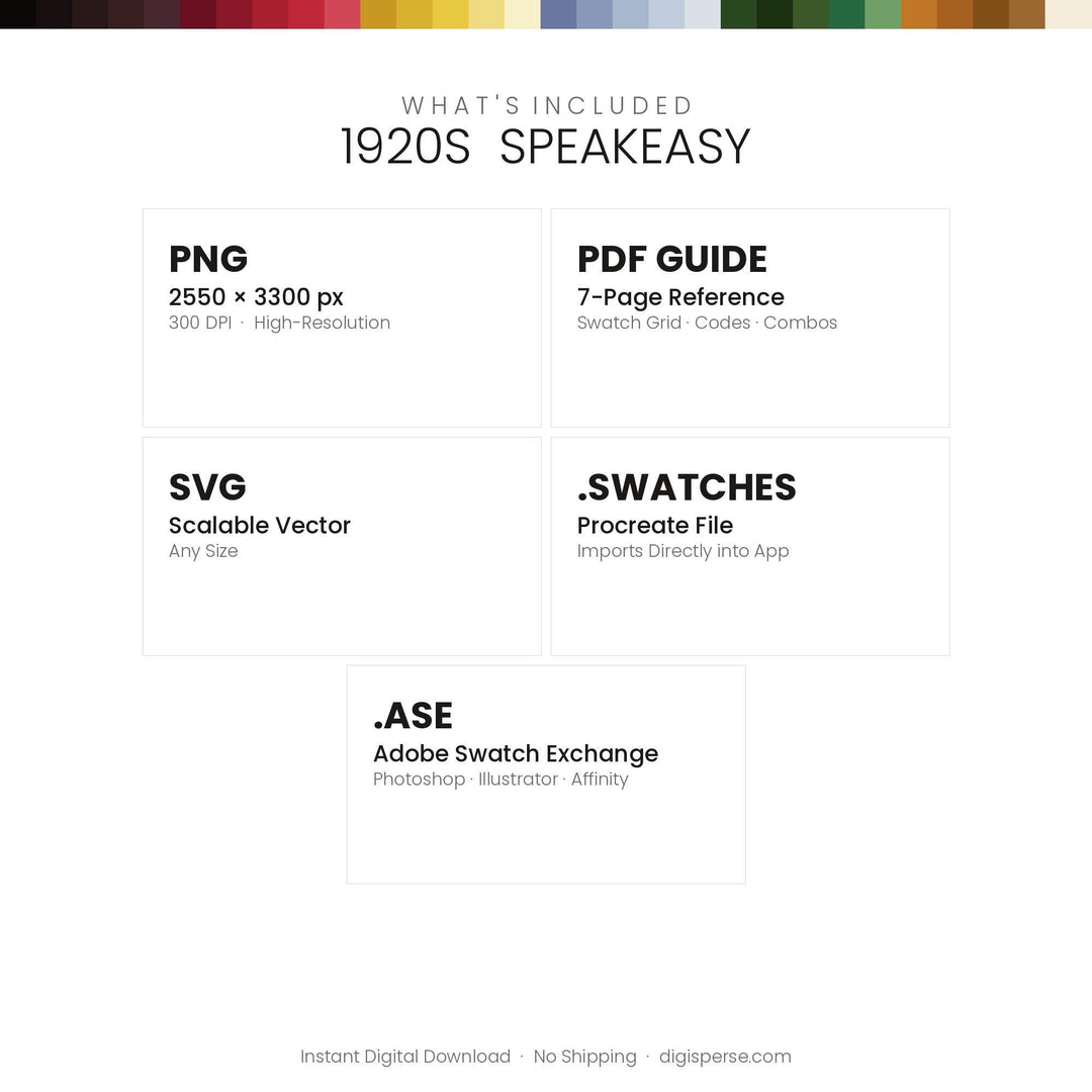 1920s Speakeasy Color Palette | 30 Procreate Swatches, HEX RGB CMYK (Digital Download)