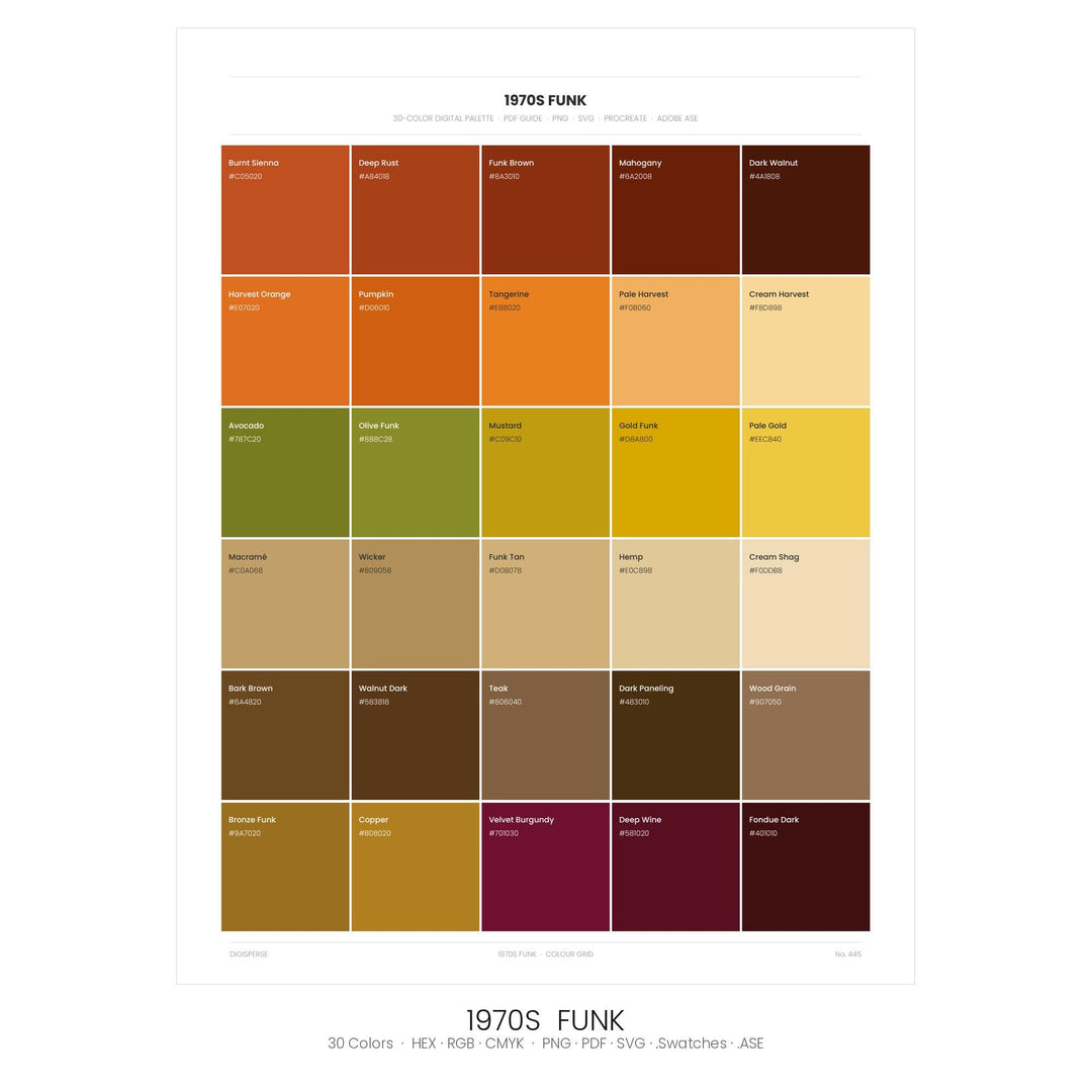 1970s Funk Color Palette | 30 Colors | Hex RGB CMYK | Color Guide | Procreate Swatches + ASE | Digital Download