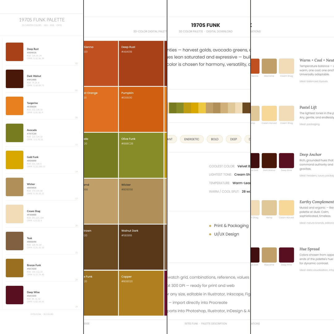 1970s Funk Color Palette | 30 Colors | Hex RGB CMYK | Color Guide | Procreate Swatches + ASE | Digital Download