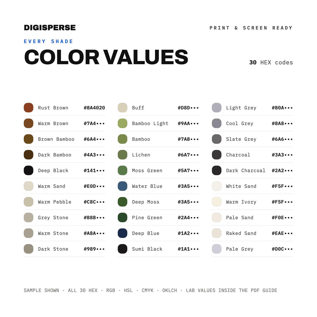 Zen Garden Color Palette | 30 Colors | Hex RGB CMYK | Color Guide | Procreate Swatches + ASE | Digital Download