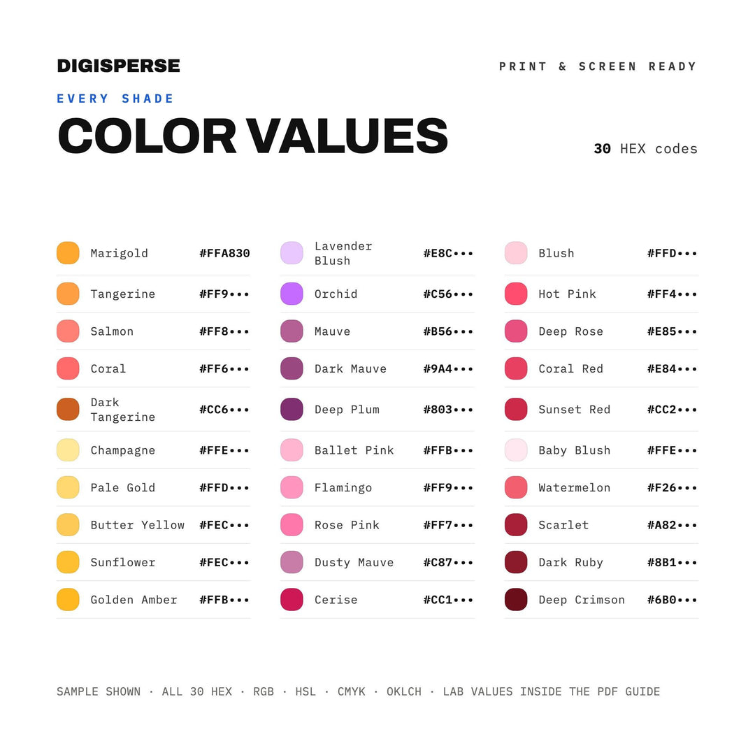 Sunset Rainbow Color Palette | 30 Colors | Hex RGB CMYK | Procreate Swatches + ASE | Digital Download