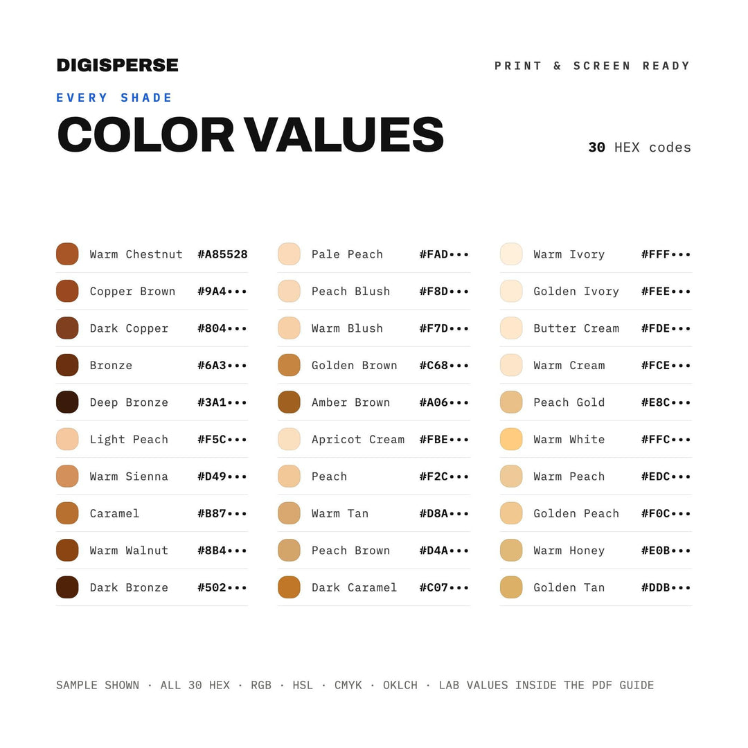 Warm Undertones Color Palette | 30 Colors | Hex RGB CMYK | Procreate Swatches + ASE | Digital Download