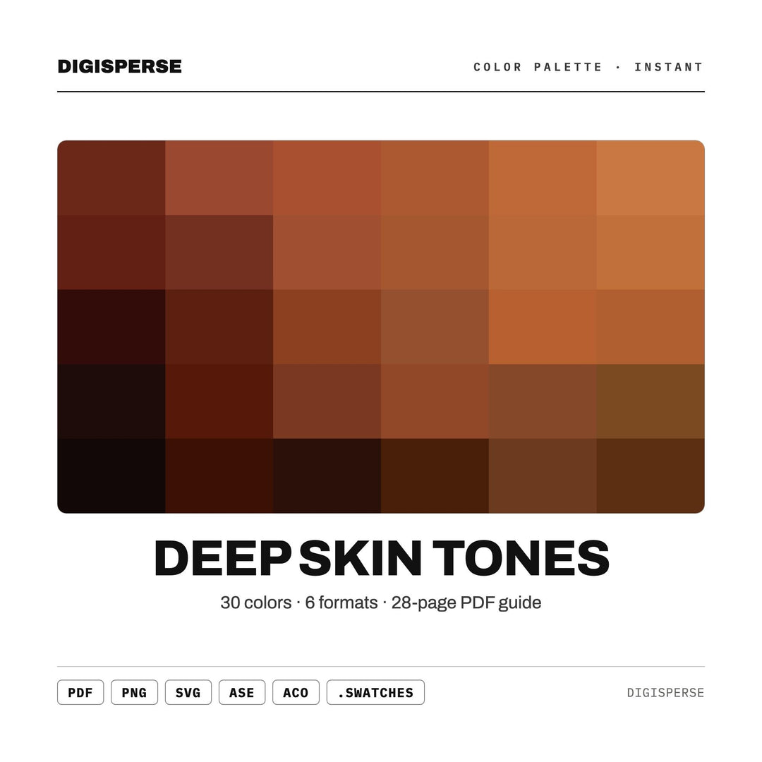 Deep Skin Tones Color Palette | 30 Colors | Hex RGB CMYK | Procreate Swatches + ASE | Digital Download