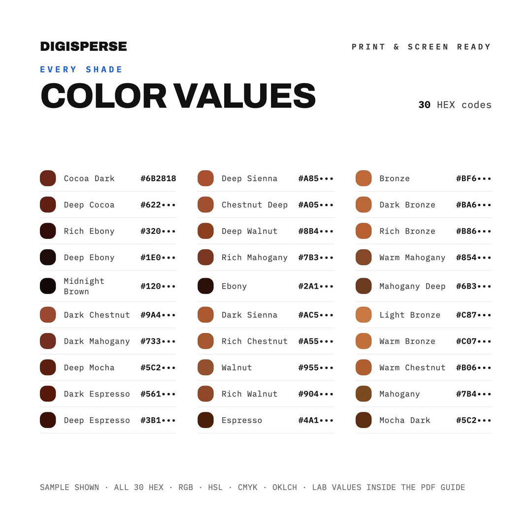 Deep Skin Tones Color Palette | 30 Colors | Hex RGB CMYK | Procreate Swatches + ASE | Digital Download
