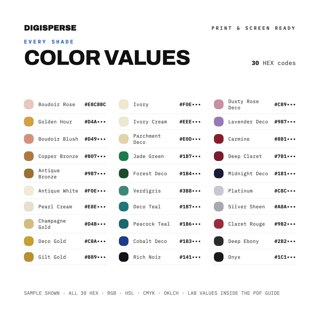 Art Deco Glamour Color Palette | 30 Colors | Hex RGB CMYK | Color Guide | Procreate Swatches + ASE | Digital Download
